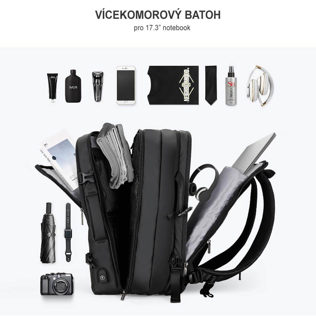 Cestovní batoh Parallel batoh černý, 25l, 39l, s USB portem, vodeodolny