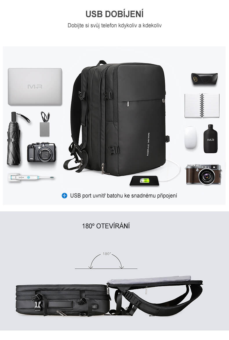 Cestovní batoh Parallel batoh černý, 25l, 39l, s USB portem, vodeodolny