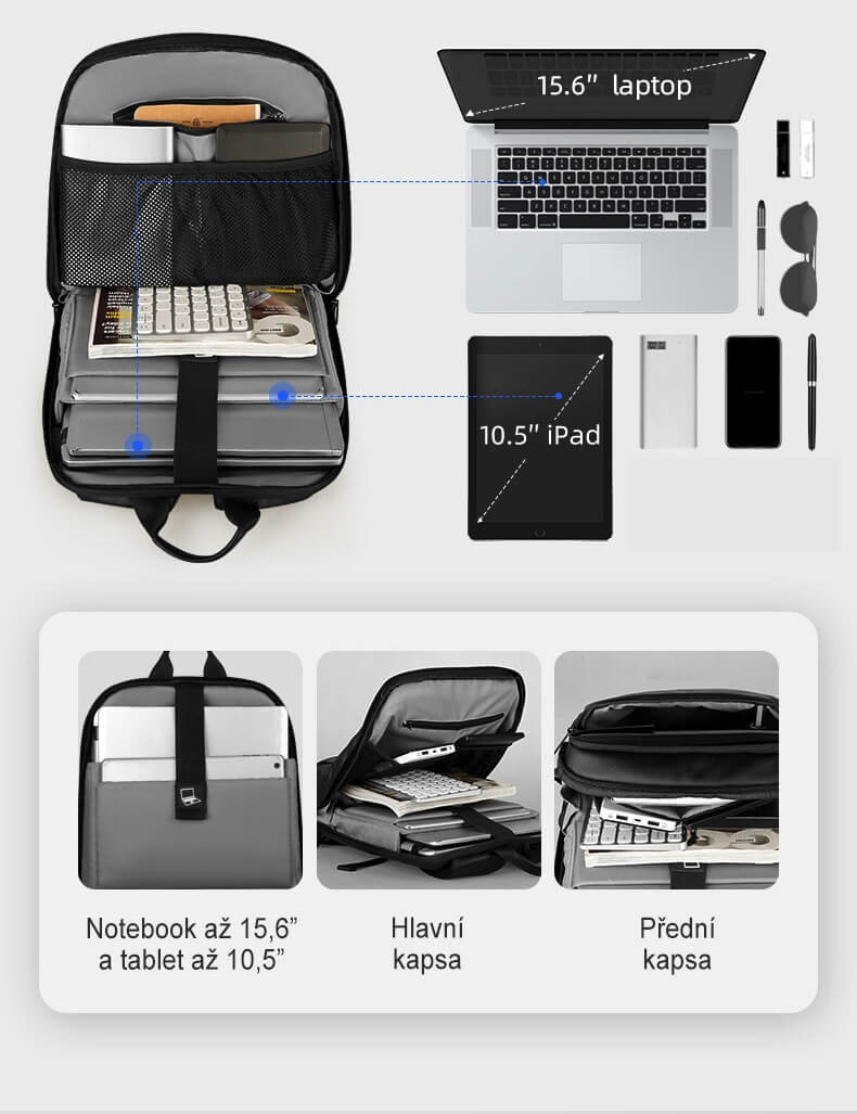 Městský bezpečnostní batoh na notebook Limit Mark Ryden černý, 18l, voděodolný s pláštěnkou, TSA zámek, USB port