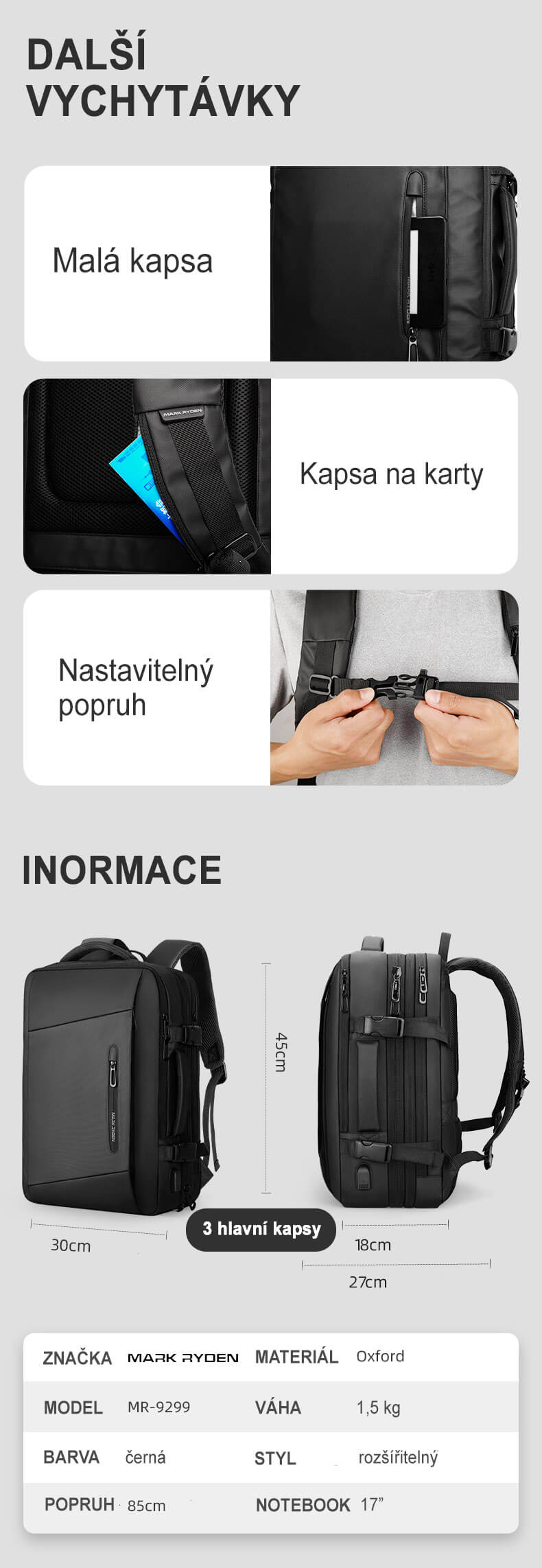 Rozšířitelný cestovní batoh na notebook Infinity XL Mark Ryden černý, 26l až 38l, nepromokavý