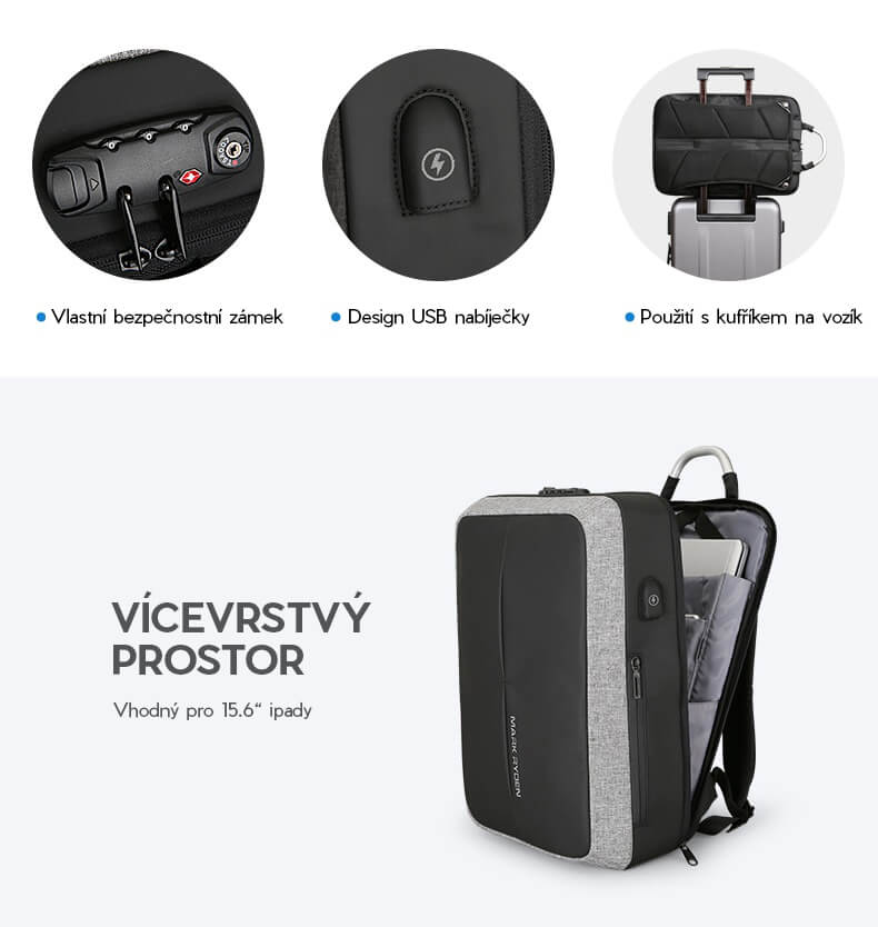 TAG II - batoh a taška 2v1, černá, šedá, USB port, 19L, bezpečnostní
