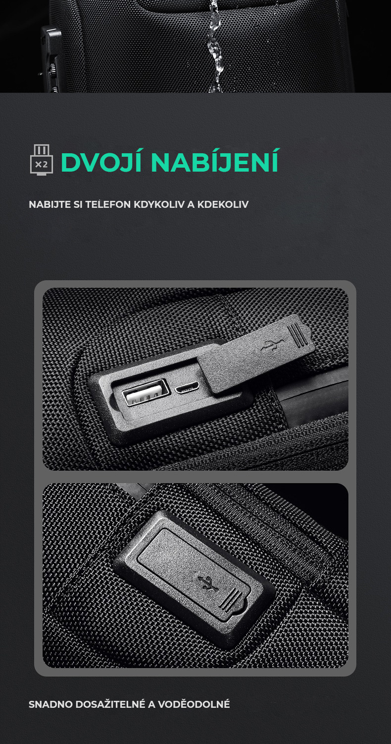 Městský batoh Odyssey mini černý, 6l, nepromokavy, USB & Micro USB port, RFID ochrana